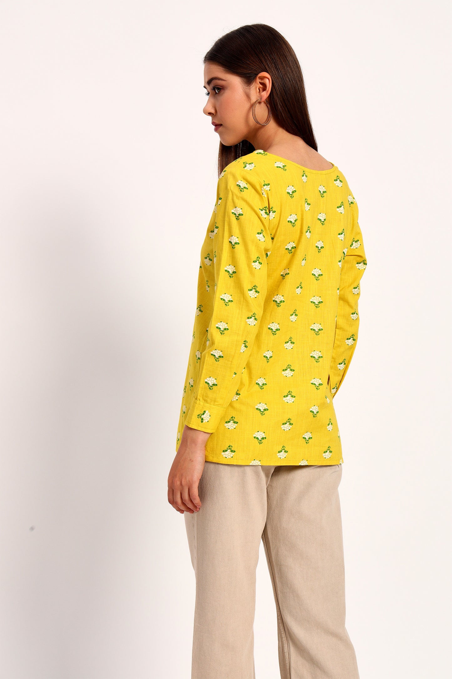Yellow Floral Print V Neck Shirt