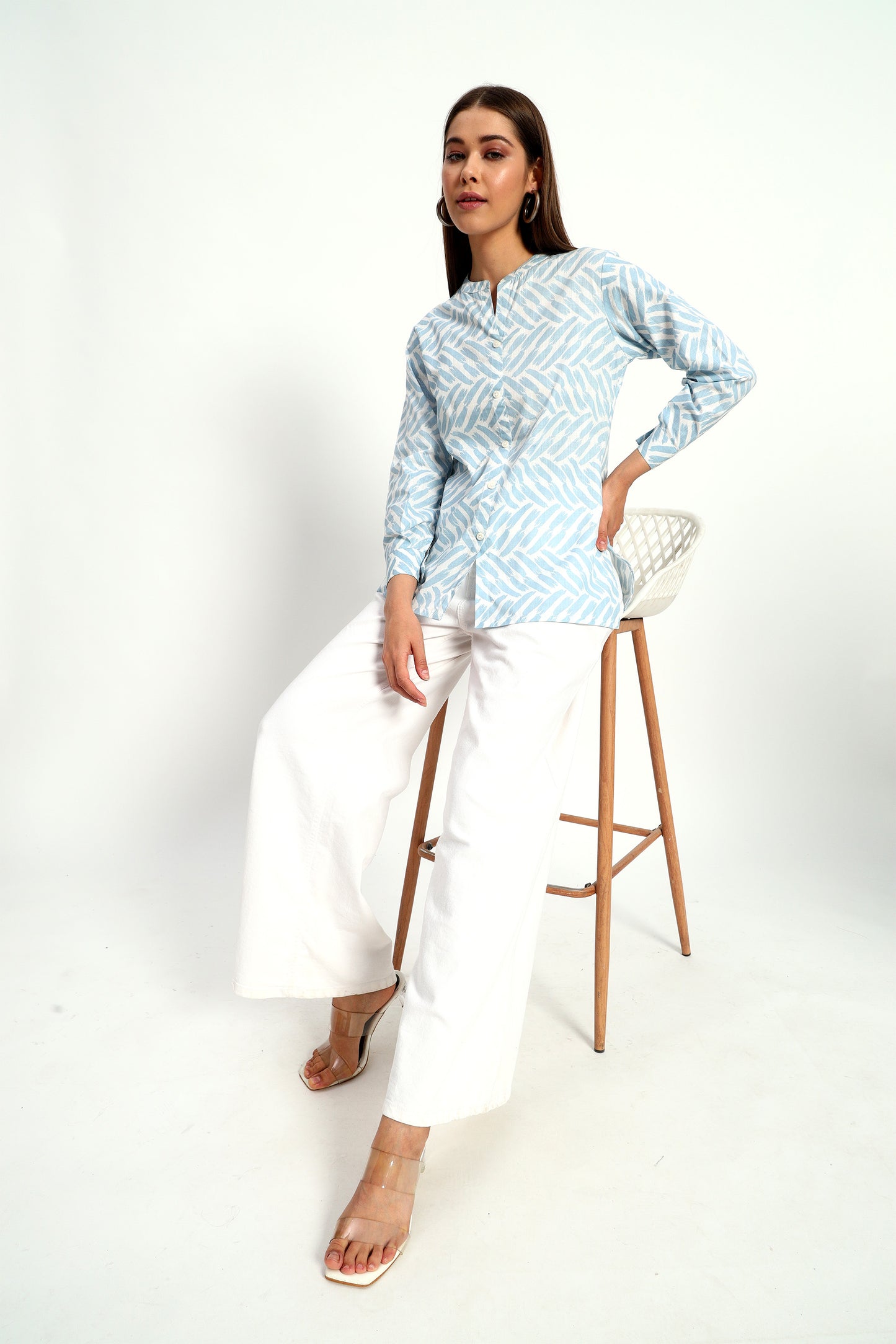 Printed Blue Mandarin Collar Shirt