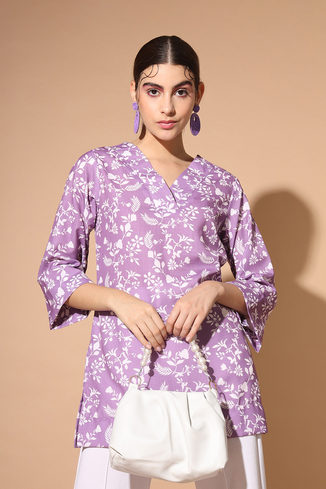 Floral V-Neck Linen Short Tunic
