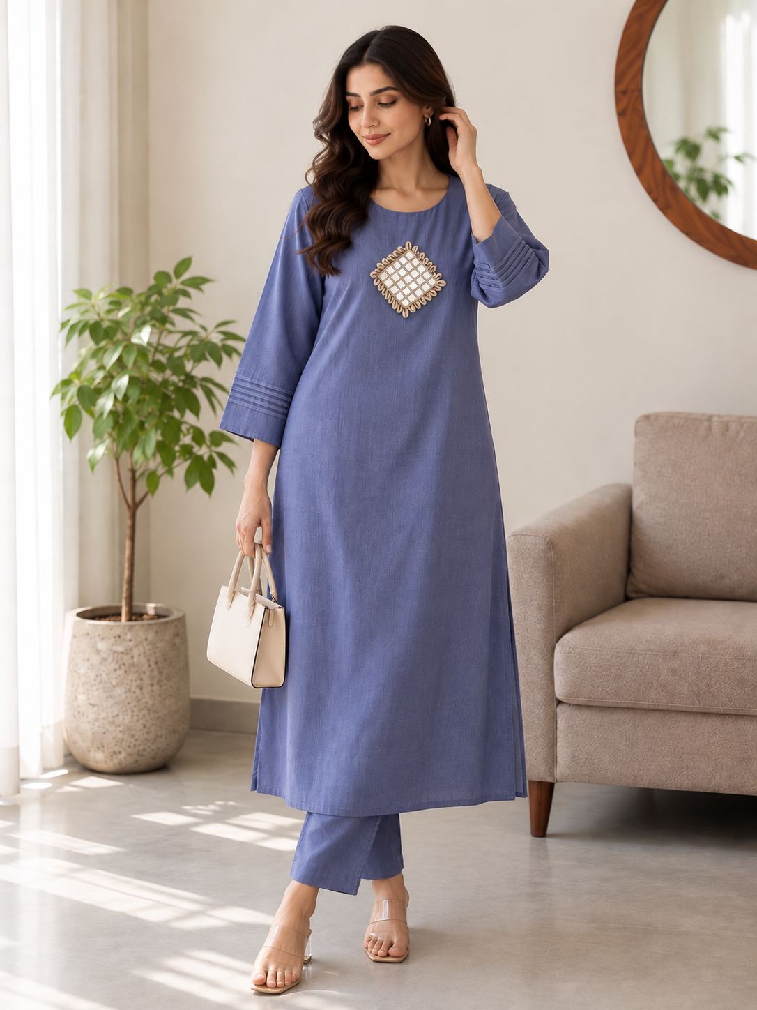 Mirror Work Powder Blue Cotton Kurta Set