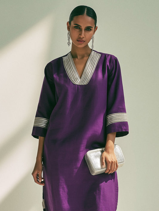 Purple Embellished Cotton Straight Kurta Set