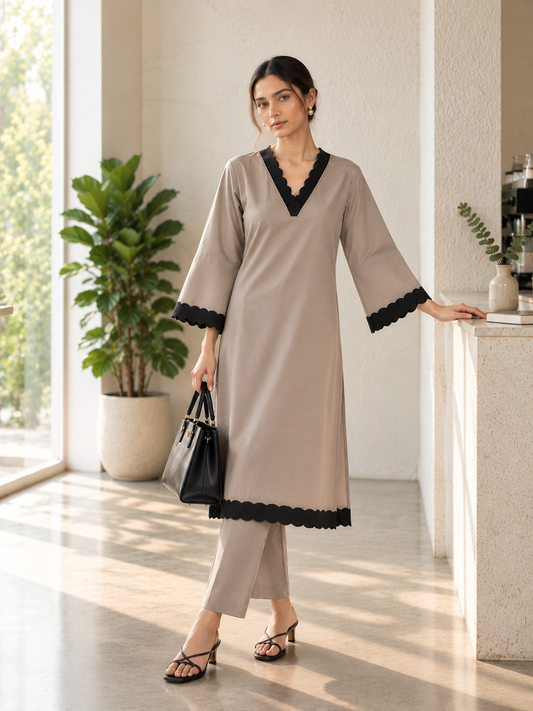 English Grey Embellished V-Neck Cotton Kurta Set