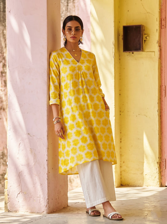 BAHAR– Yellow Printed A-Line Kurta Set