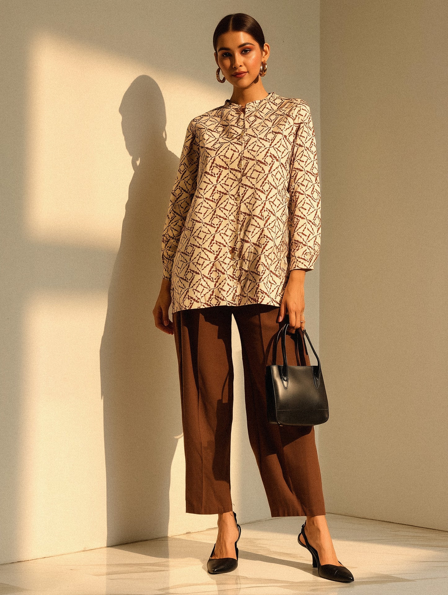 Printed Beige Mandarin Collar Shirt