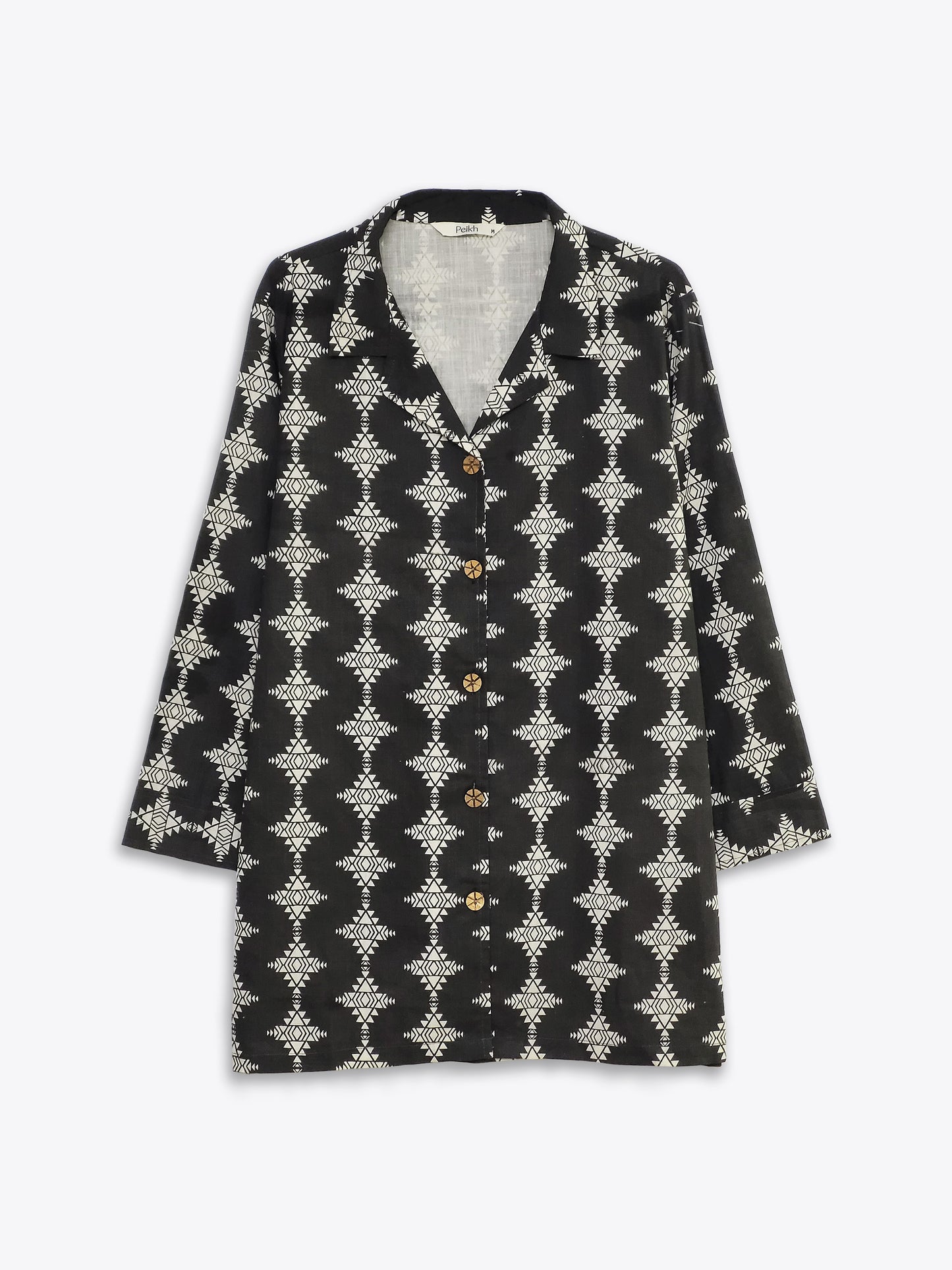 Black Tribal Print Lapel Collar Shirt