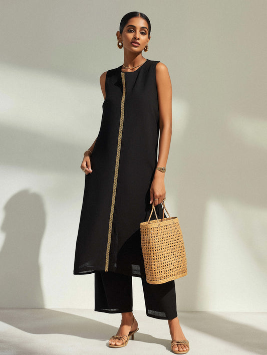 Black Embroidered Cotton Kurta Set