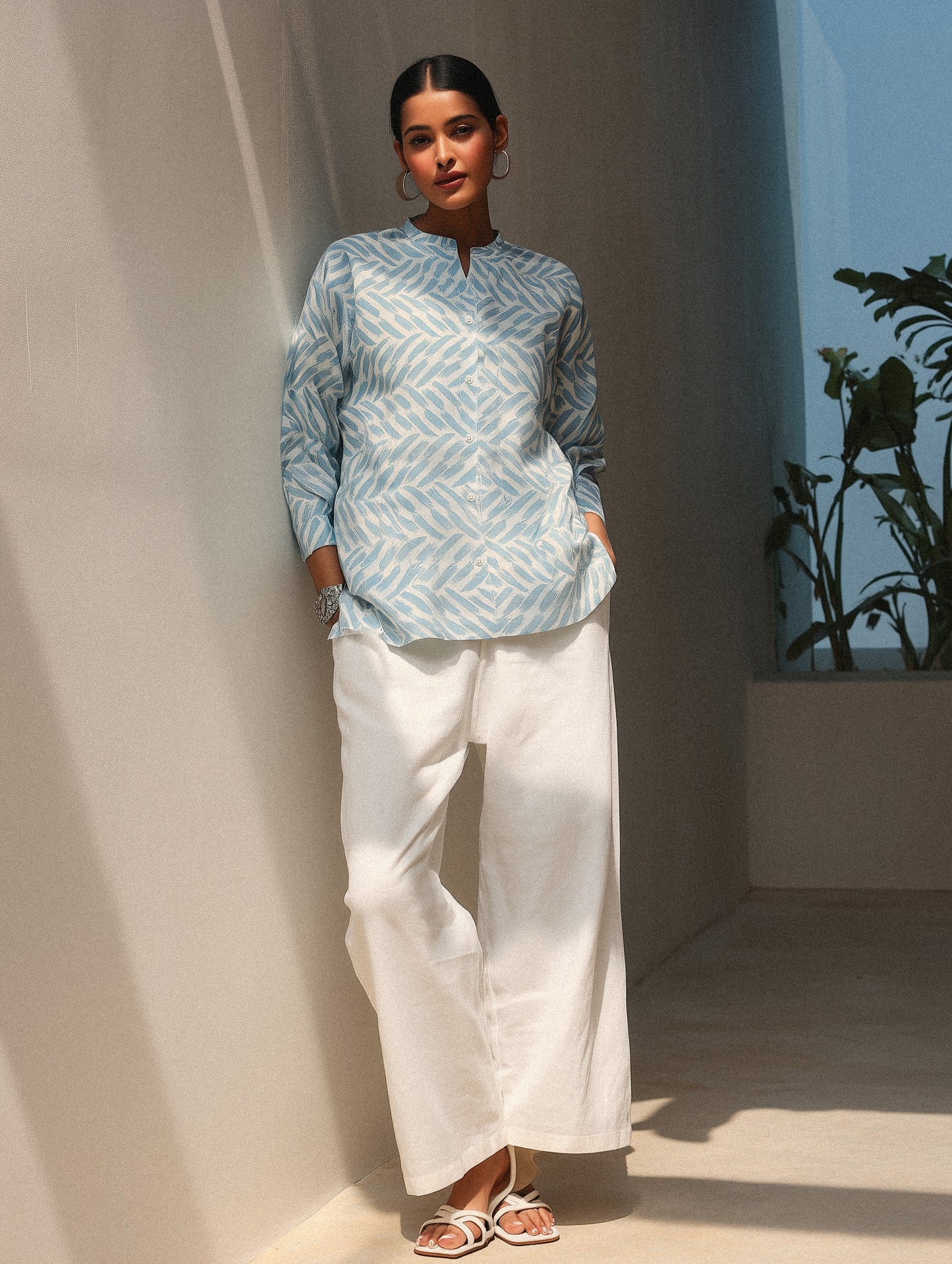 Printed Blue Mandarin Collar Shirt