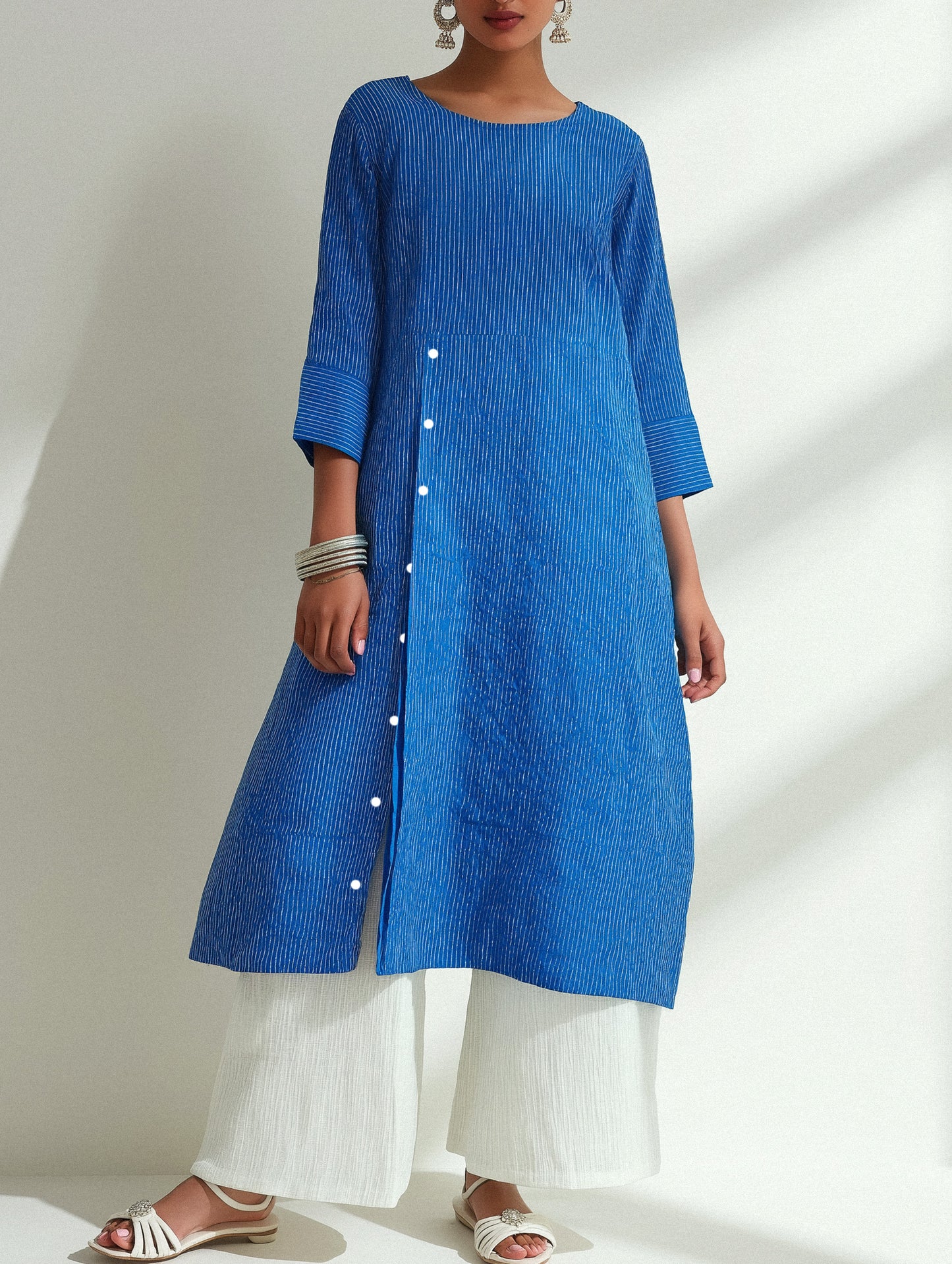 Blue Kantha Embroidered Cotton A-Line Kurta Set