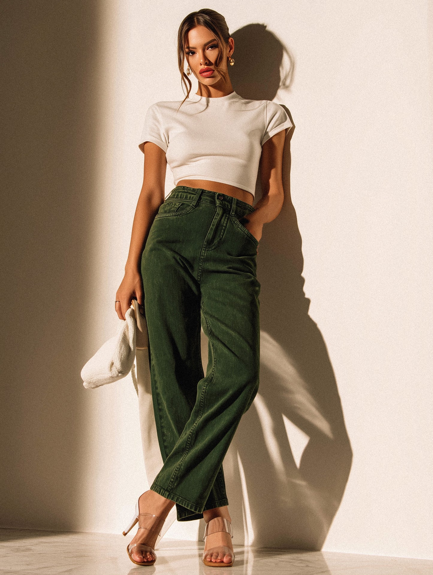 Bottle Green Denim Straight Fit Wide Leg Jeans