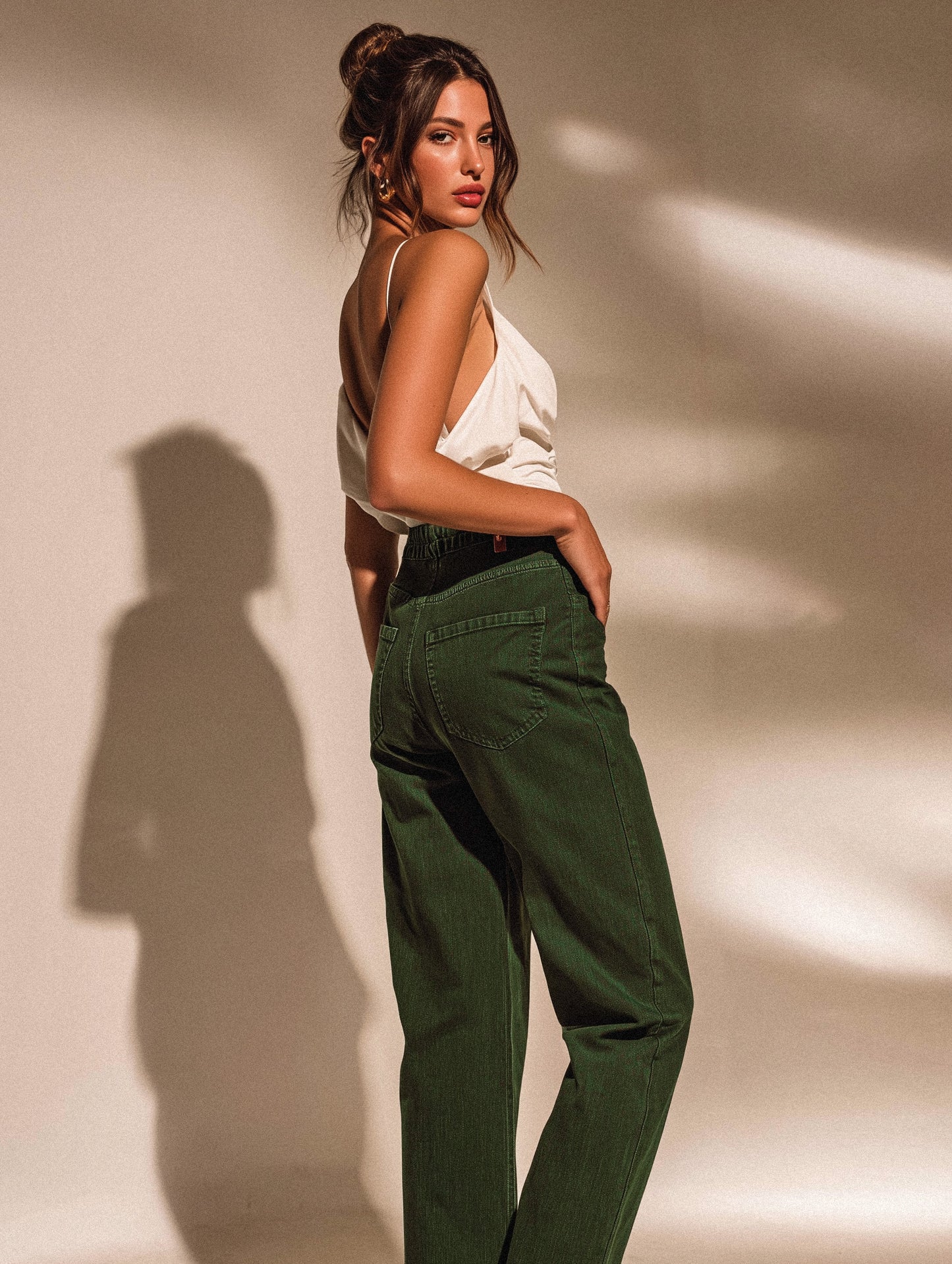 Bottle Green Denim Straight Fit Wide Leg Jeans