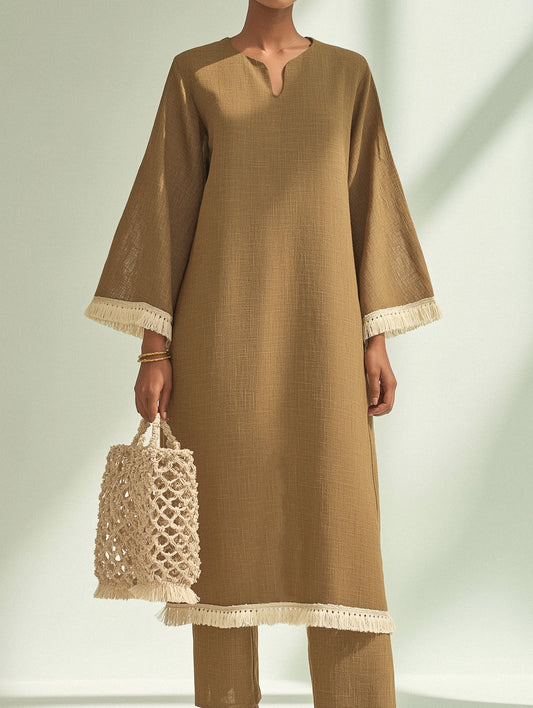 Camel Brown Embellished Cotton Straight Kurta Set