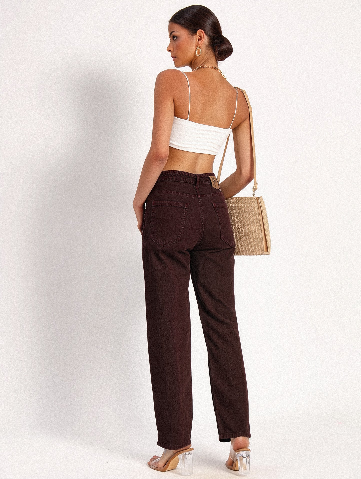 Brown Denim Straight Fit Wide Leg Jeans