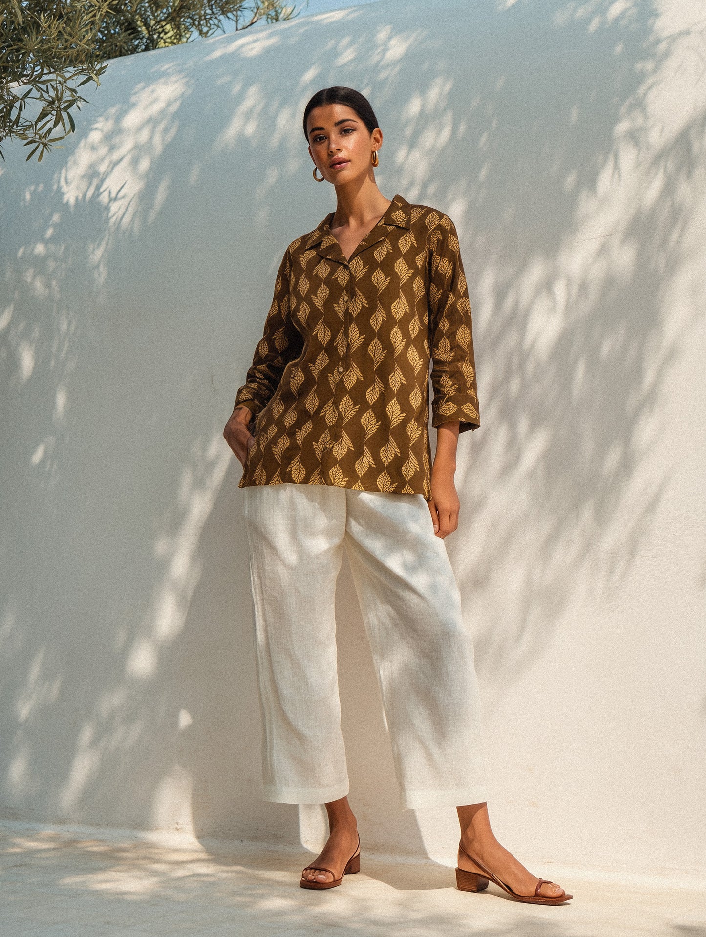 Brown Printed Lapel Collar Shirt