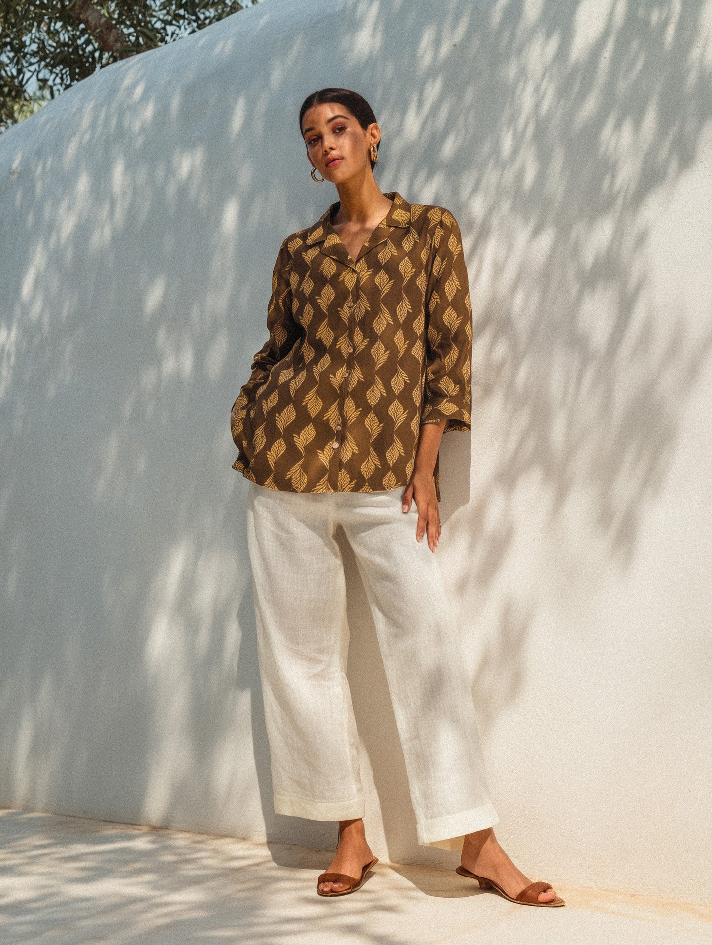 Brown Printed Lapel Collar Shirt