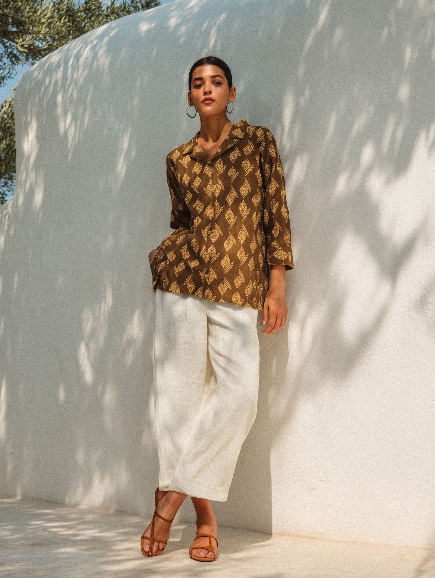 Brown Printed Lapel Collar Shirt