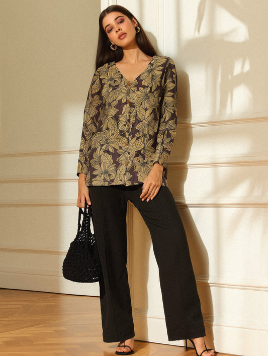 Dusty Plum Floral V Neck Shirt