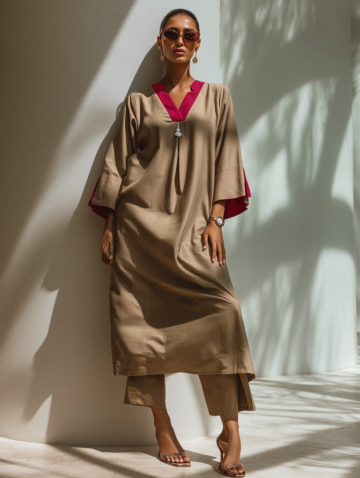 SAHRA Sand Kurta Set with Rose Neckline