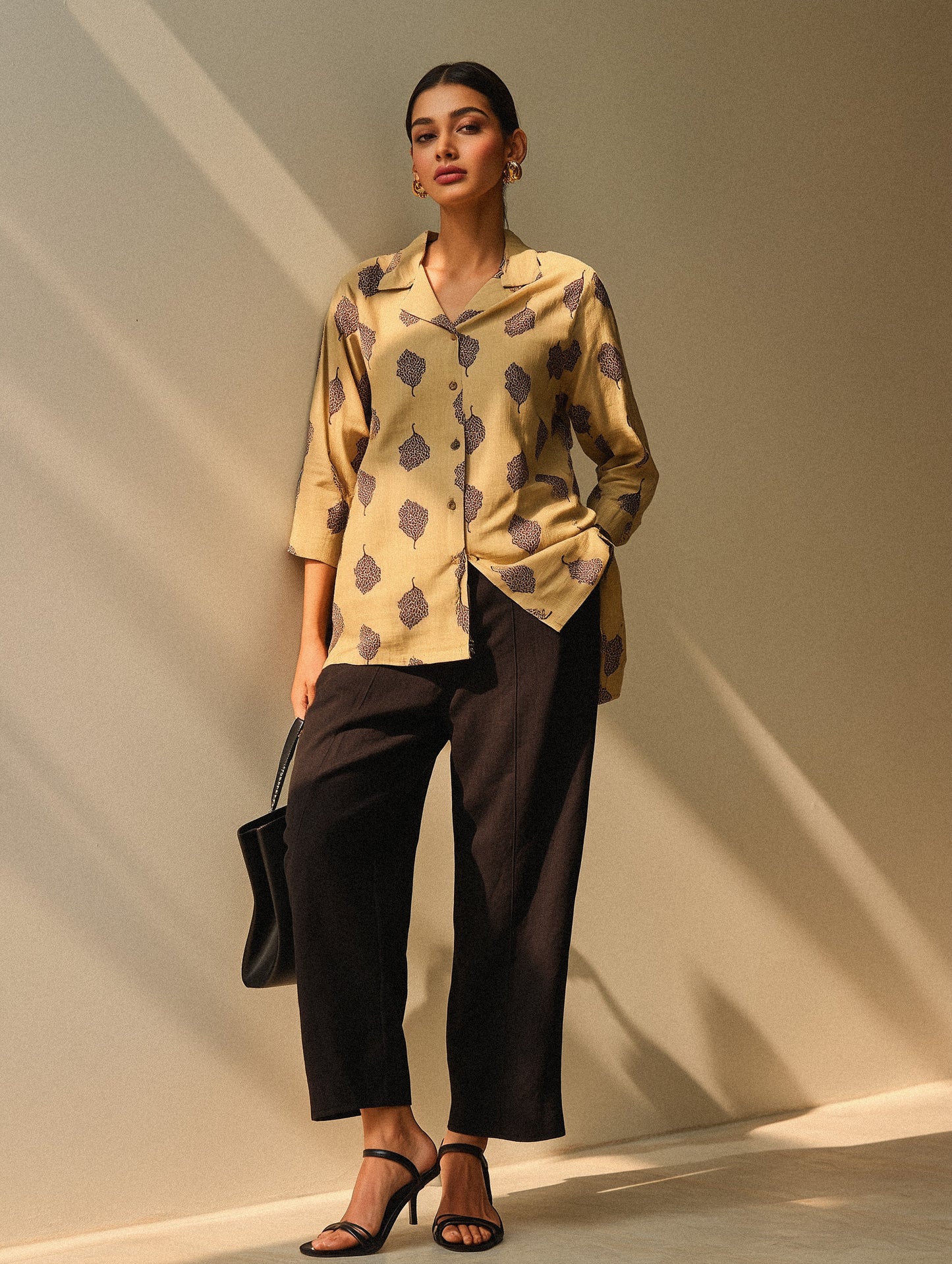 Khaki Printed Lapel Collar Shirt
