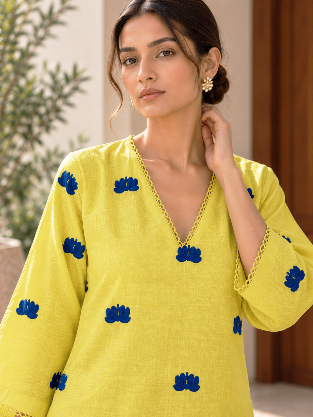 Lemon Yellow Embroidered Cotton Kurta Set