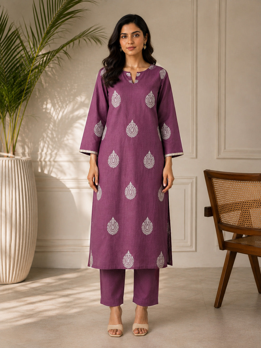 Mauve Embroidered Teardrop Paisley Kurta Set