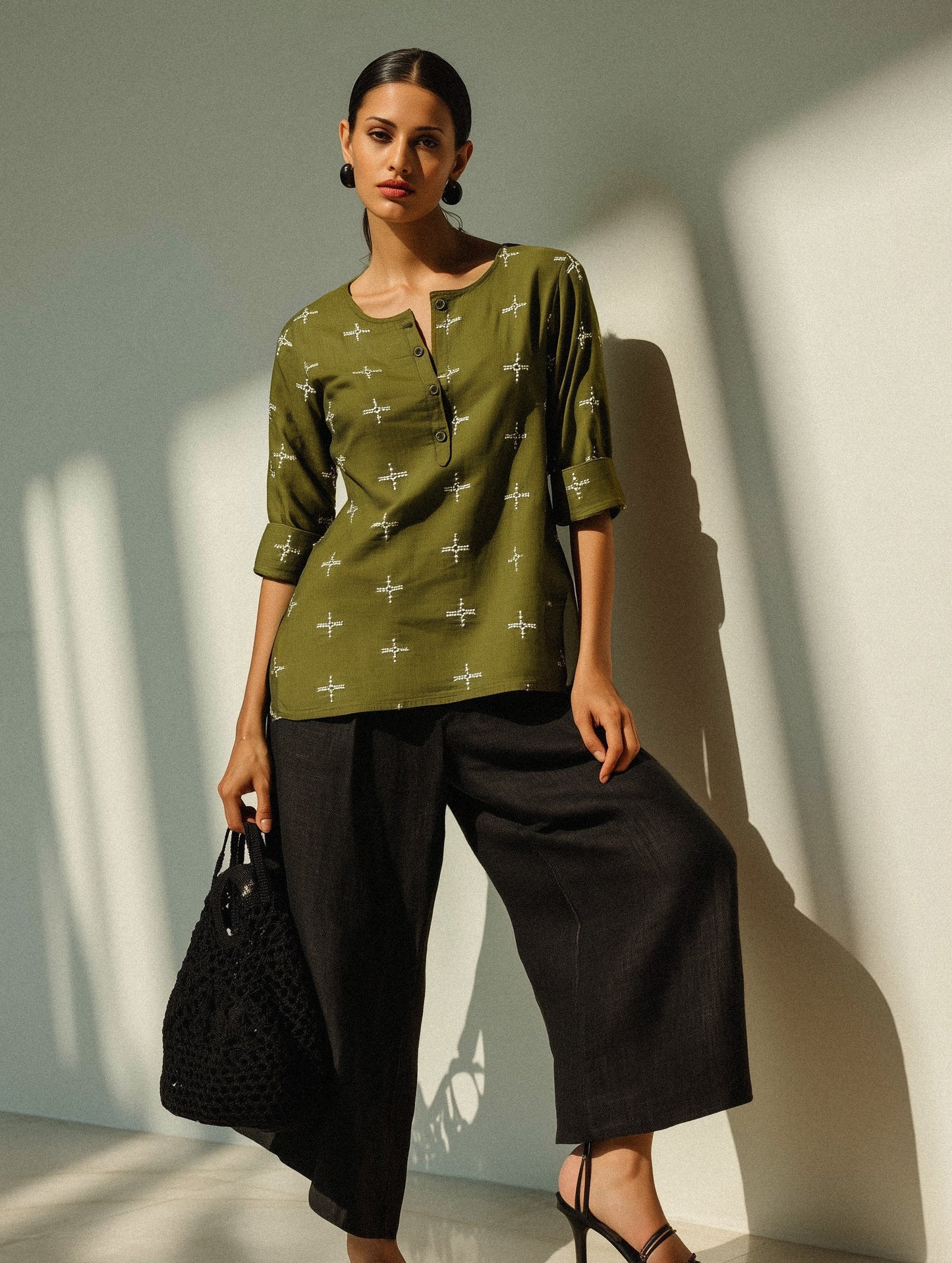 Olive Cotton Embroidered Top