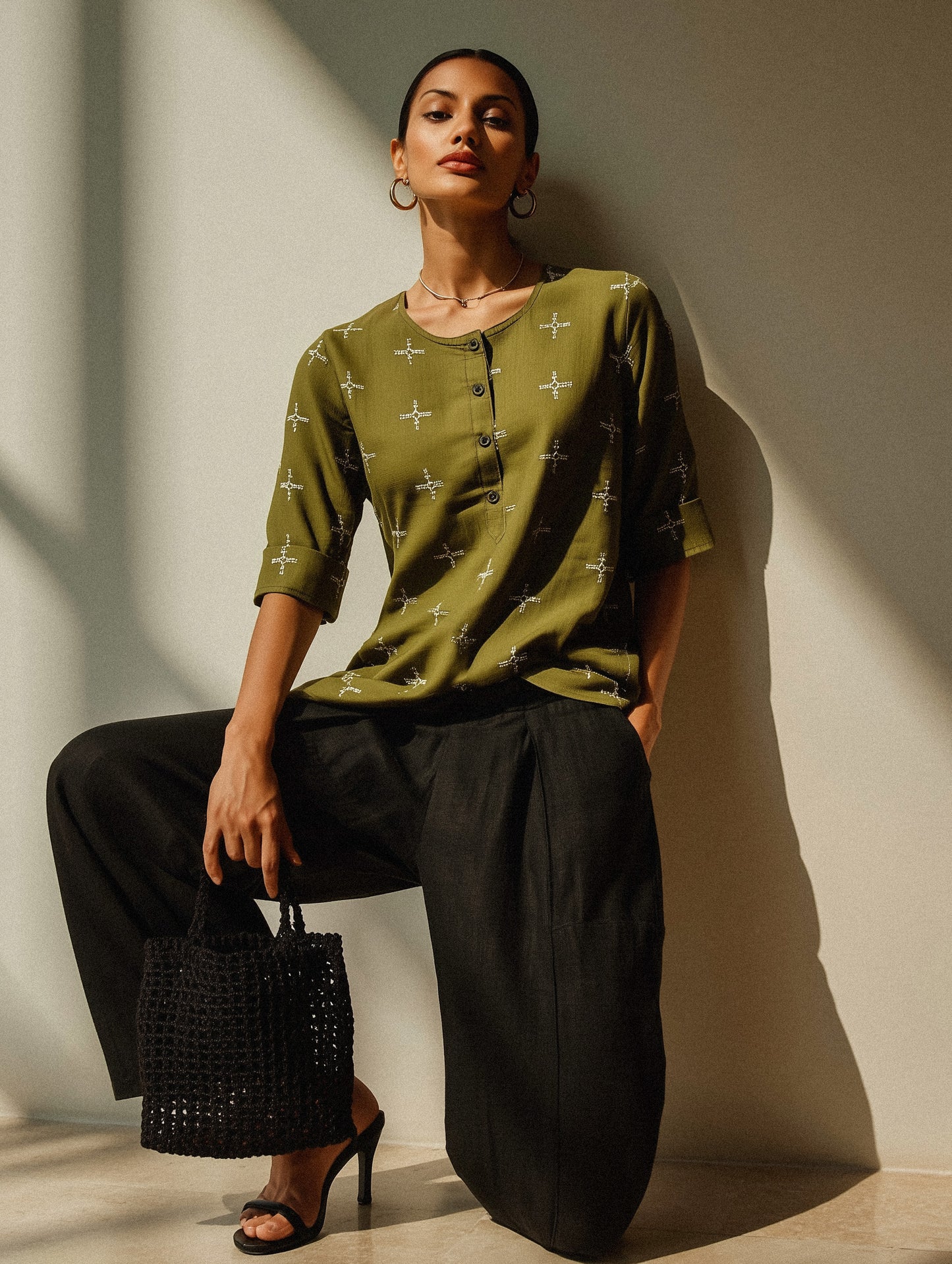 Olive Cotton Embroidered Top