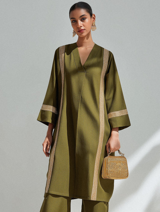 Olive Green Embellished Cotton Straight Kurta Set