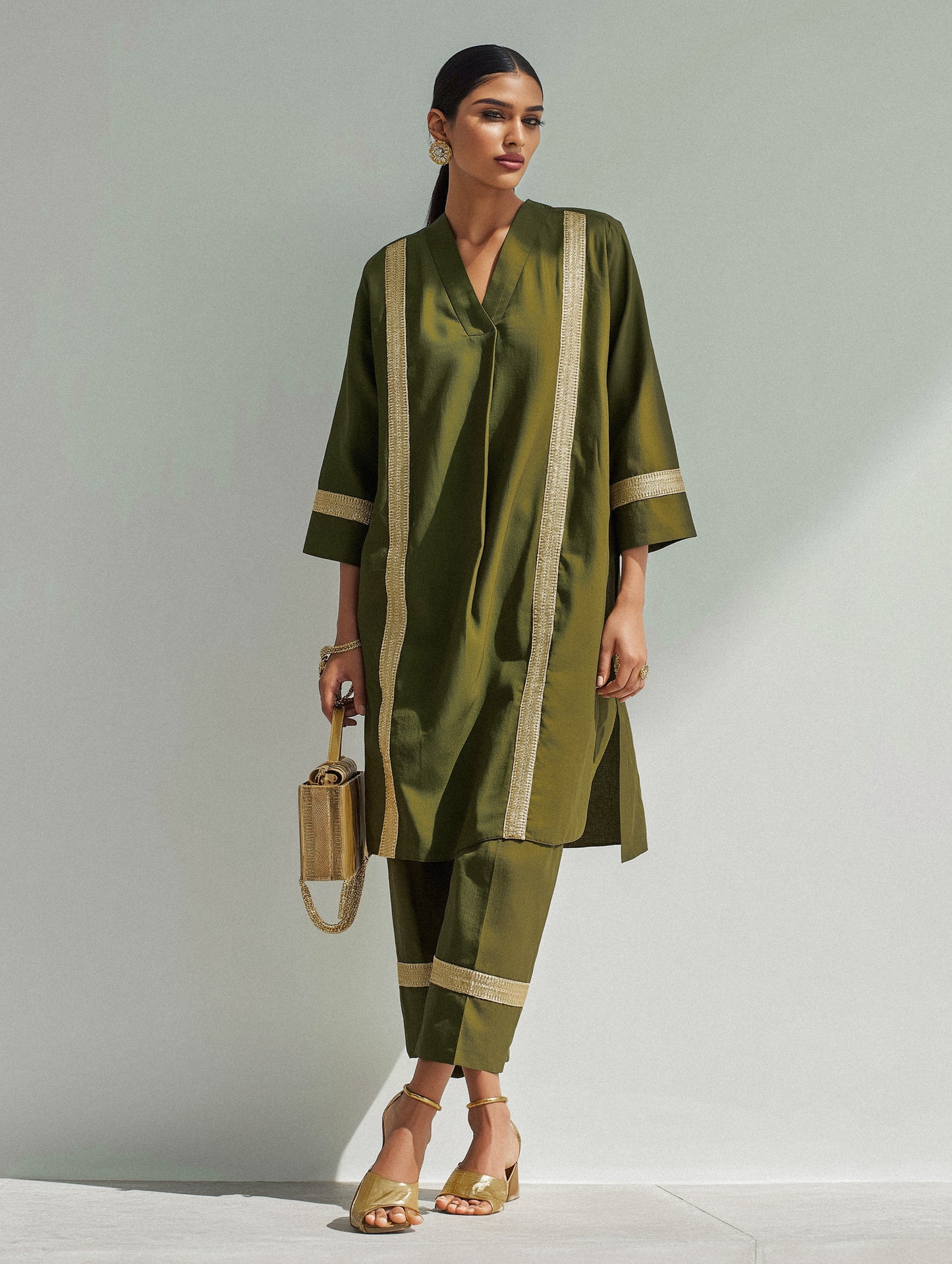 Olive Green Embellished Cotton Straight Kurta Set