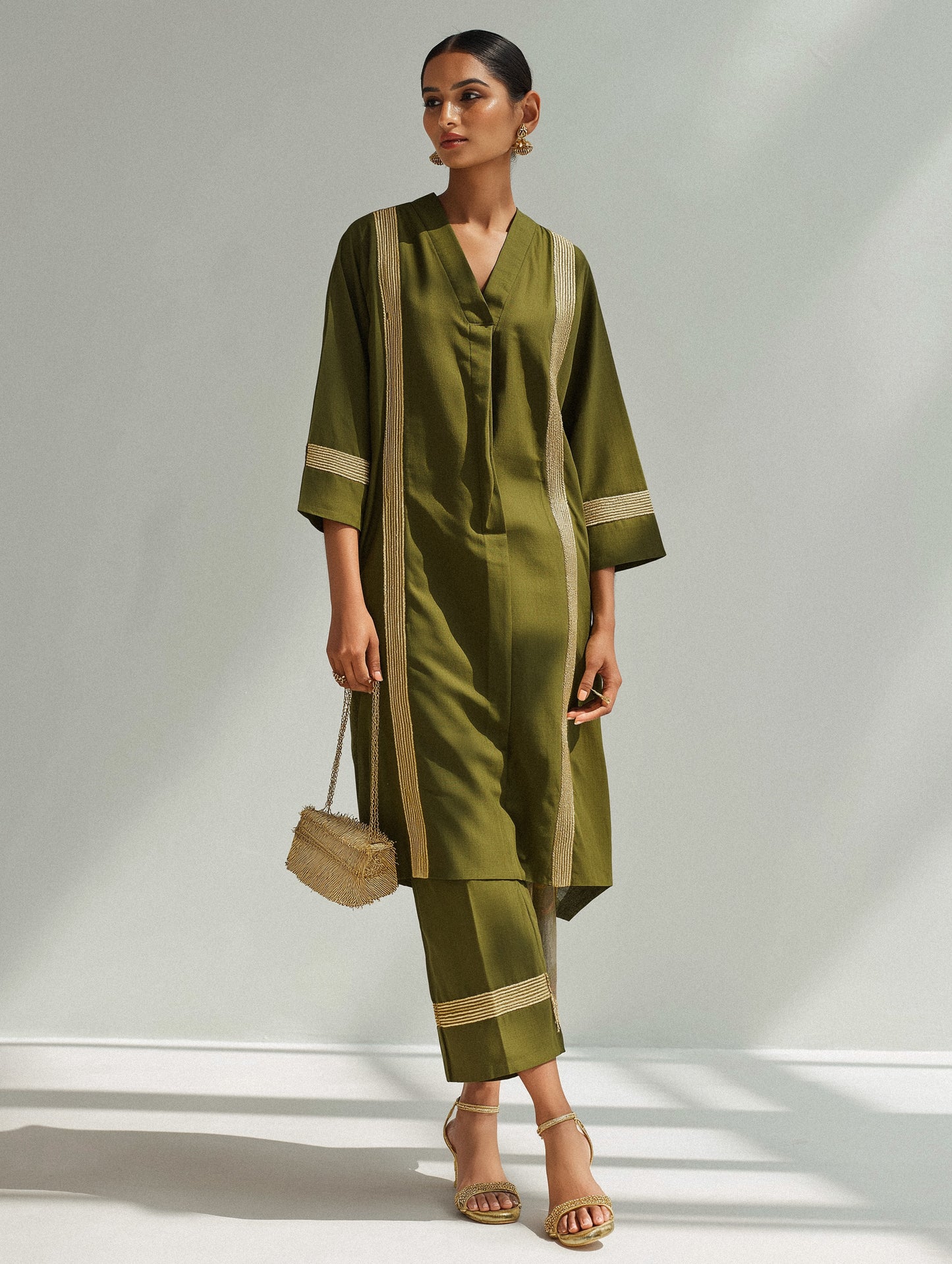 Olive Green Embellished Cotton Straight Kurta Set