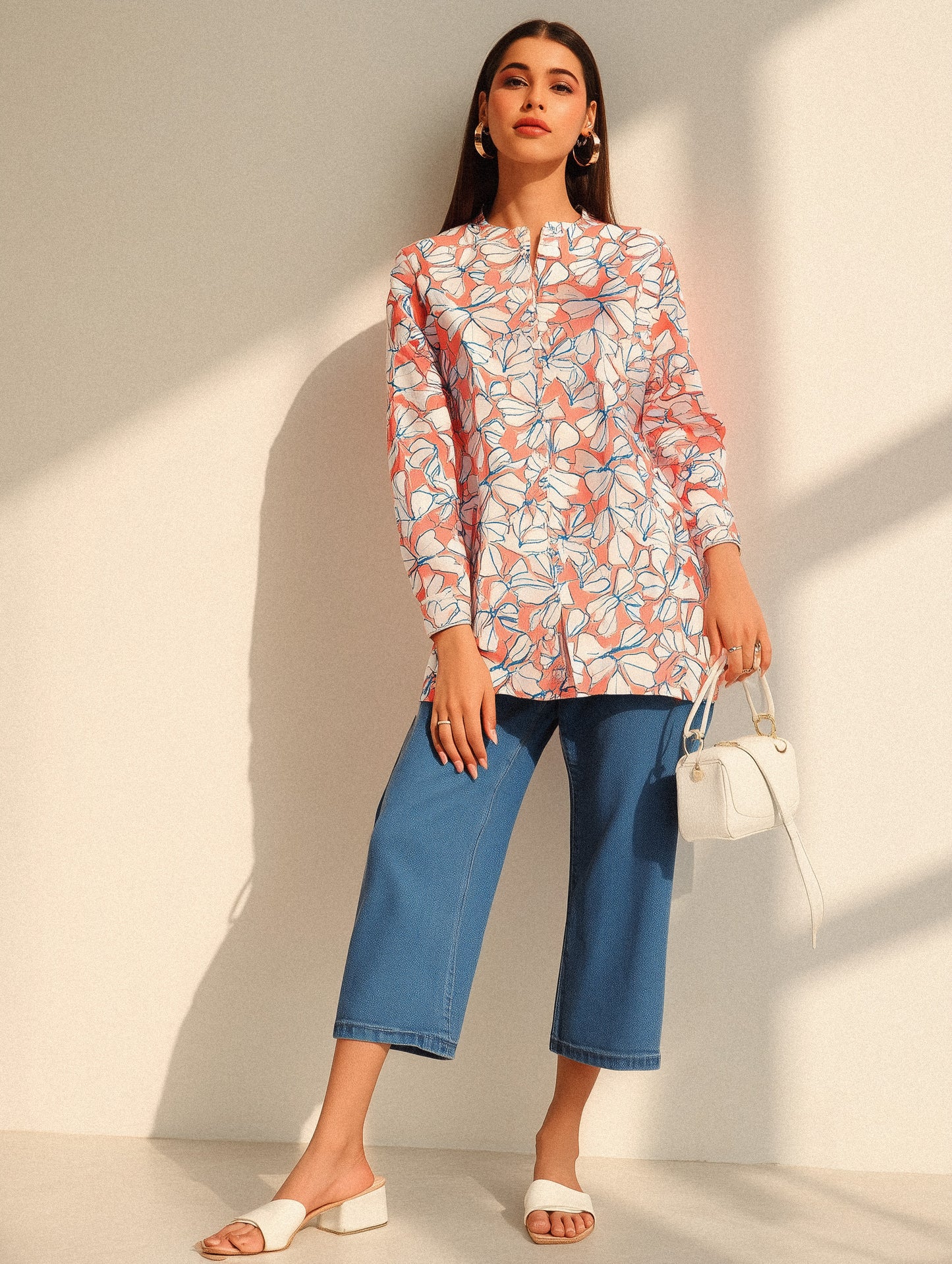 Floral Mandarin Collar Linen Shirt