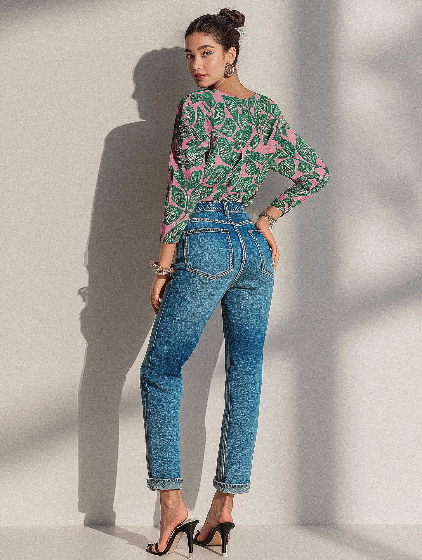 Pink Leafy V Neck Printed Shirt