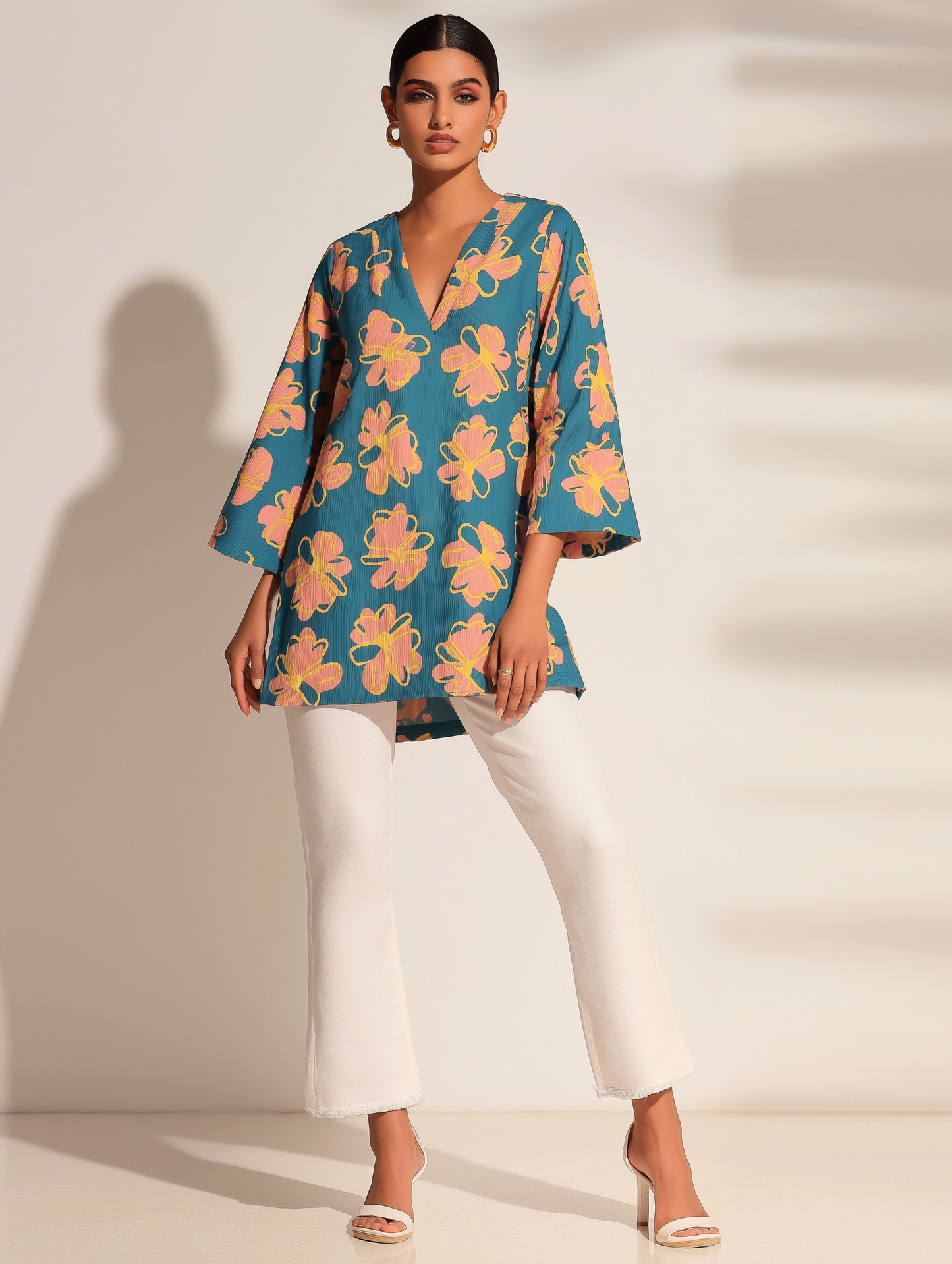 Floral V-Neck Wrinkled Tunic