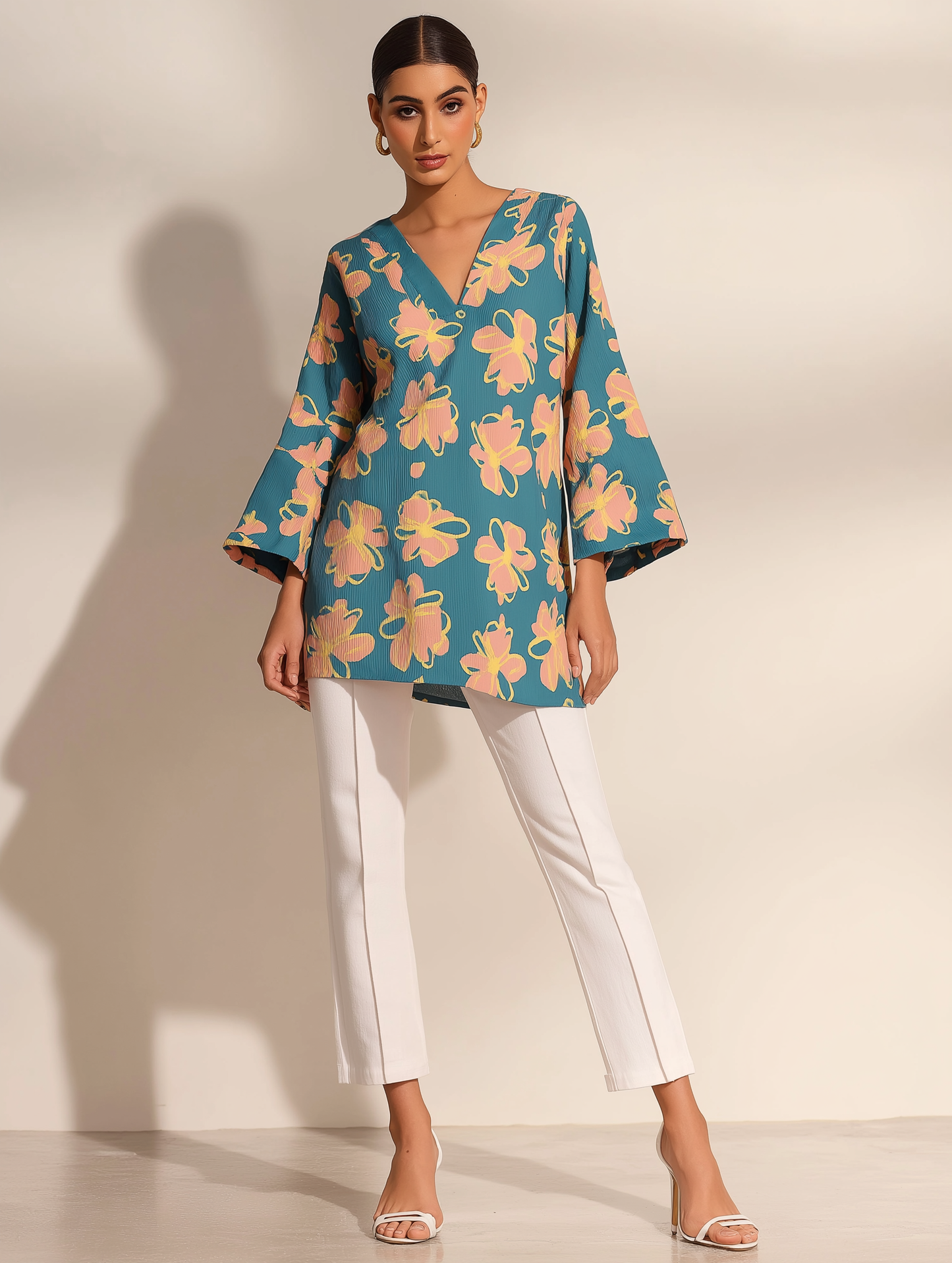 Floral V-Neck Wrinkled Tunic