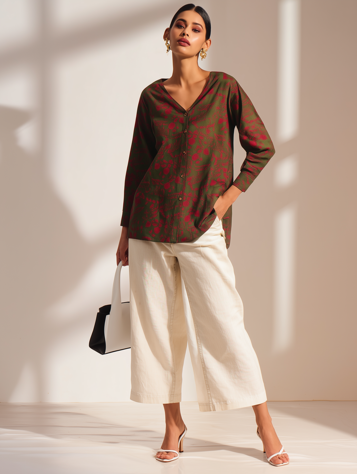 Olive V Neck Printed Shirt