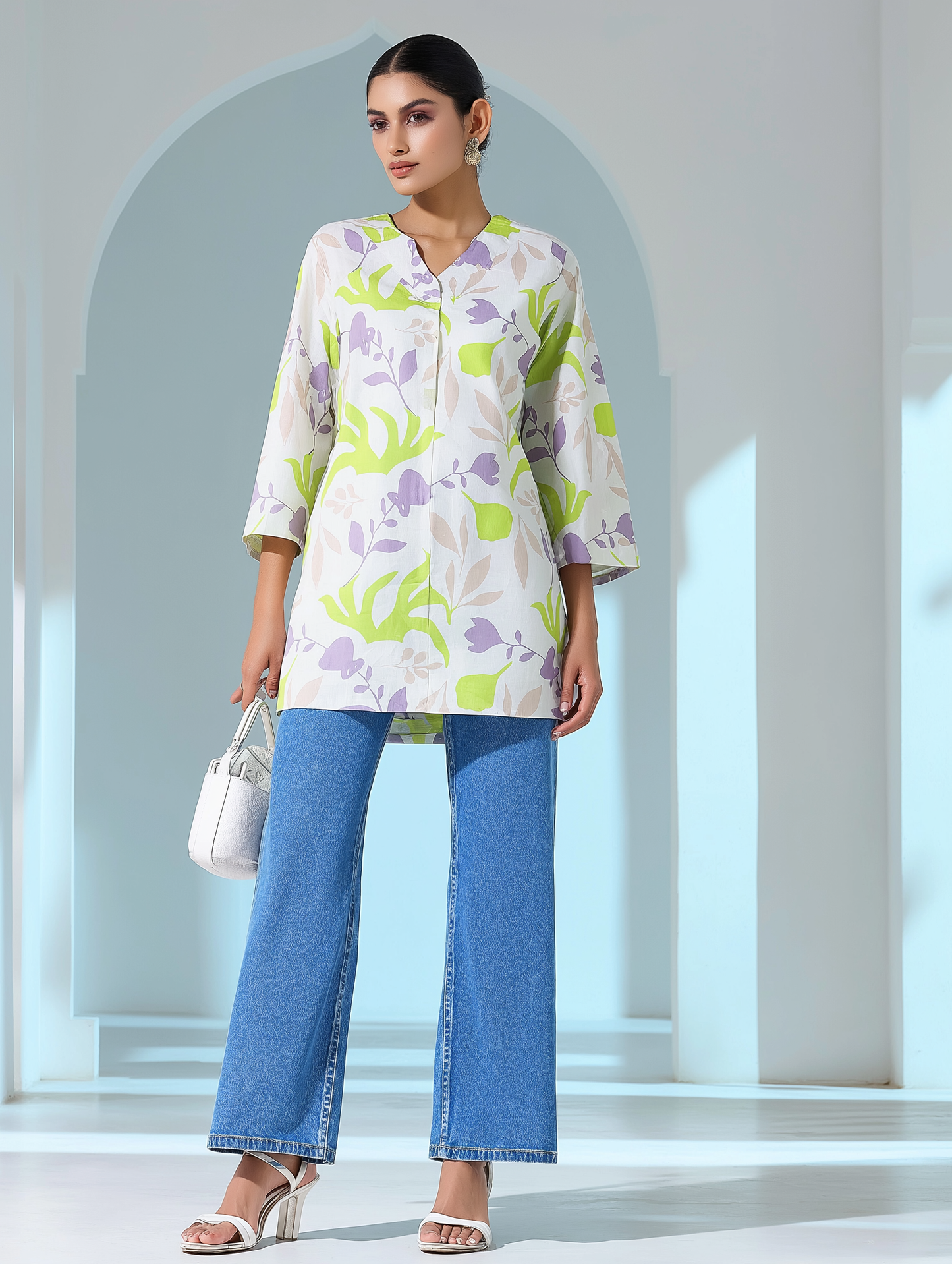 Leafy Printed Linen V-Neck Tunic