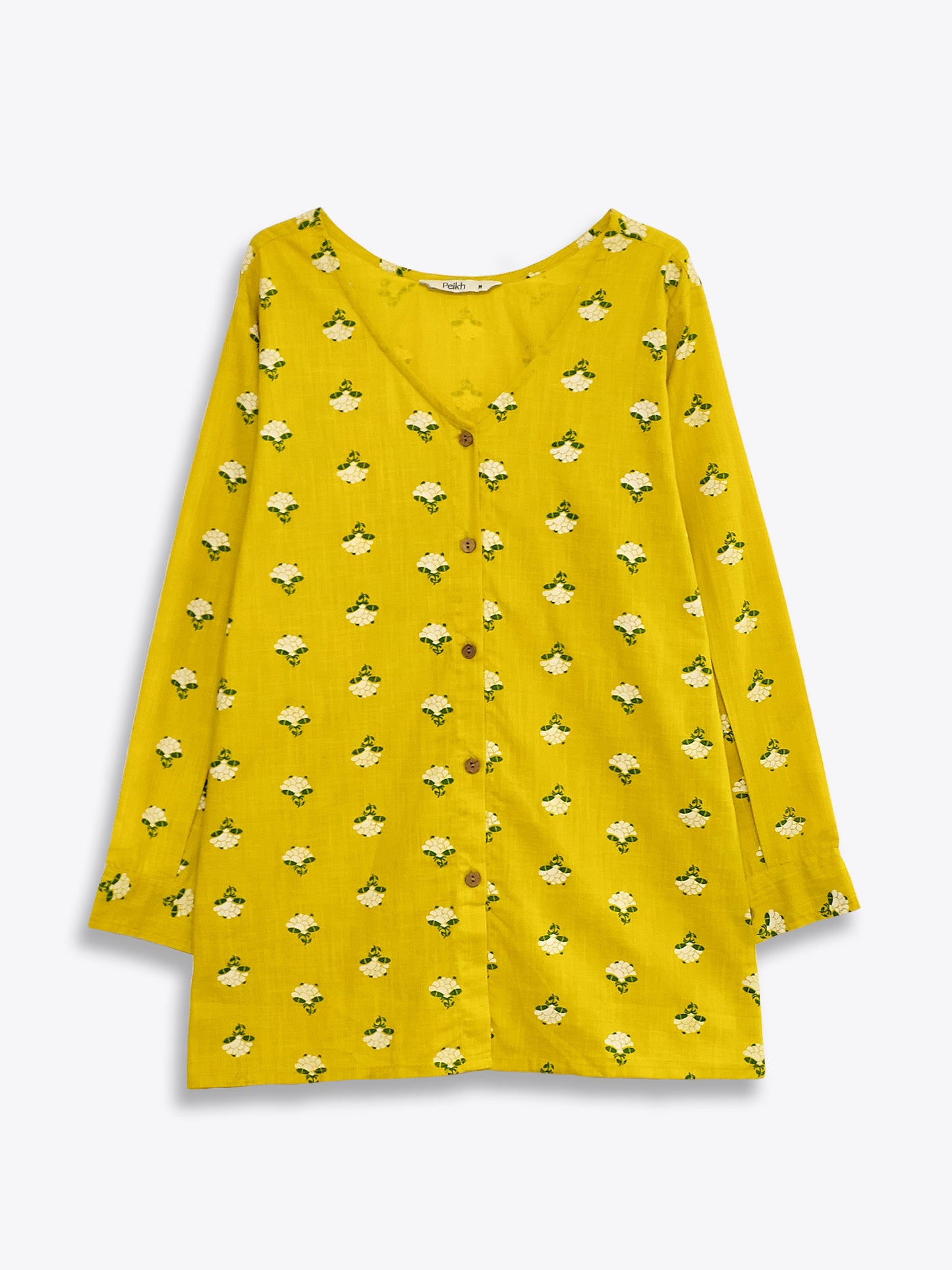Yellow Floral Print V Neck Shirt