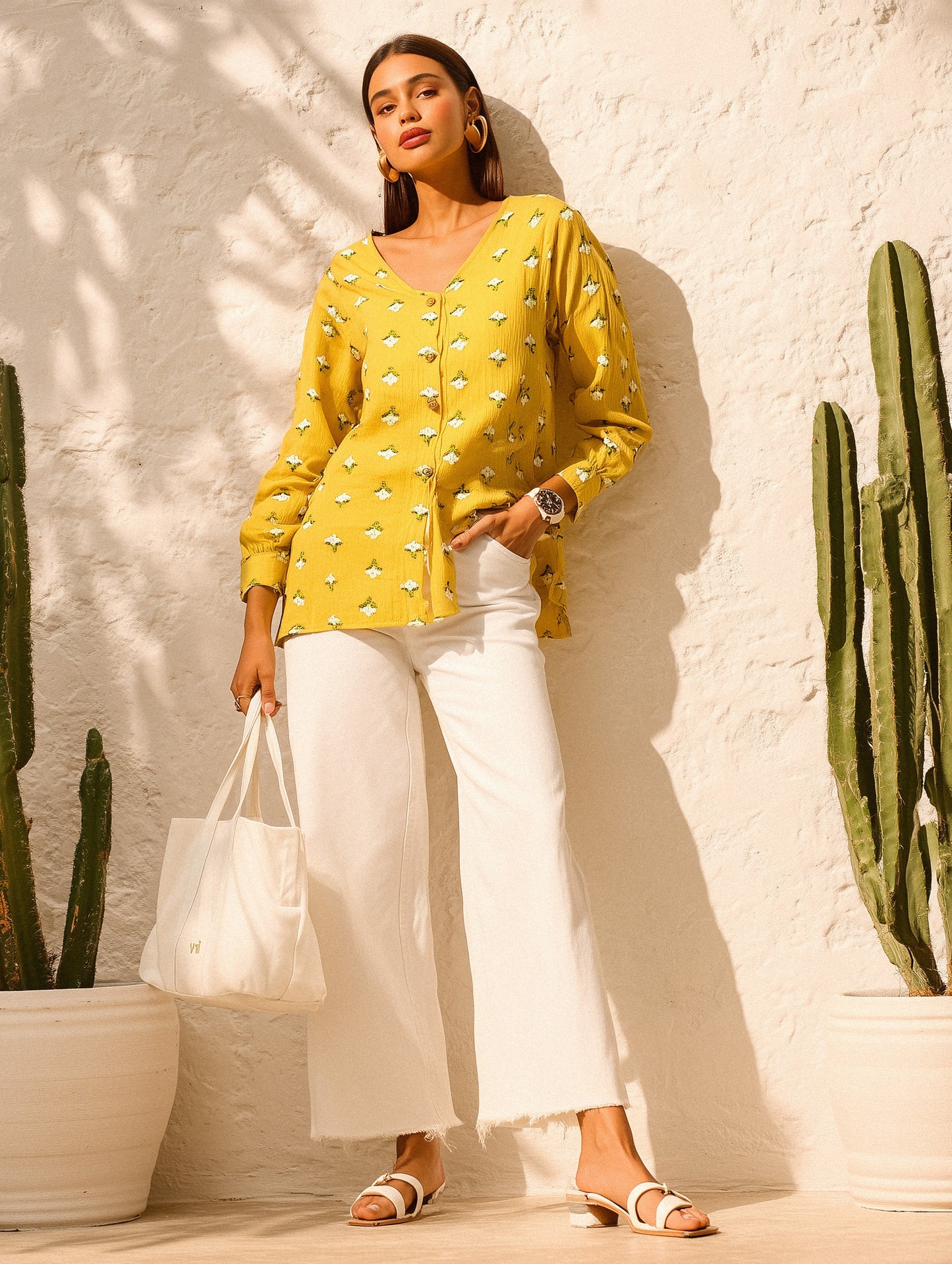 Yellow Floral Print V Neck Shirt
