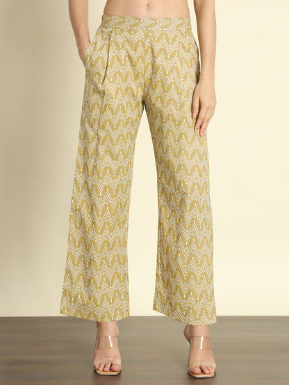 Khaki Zigzag Print Linen Co-ords