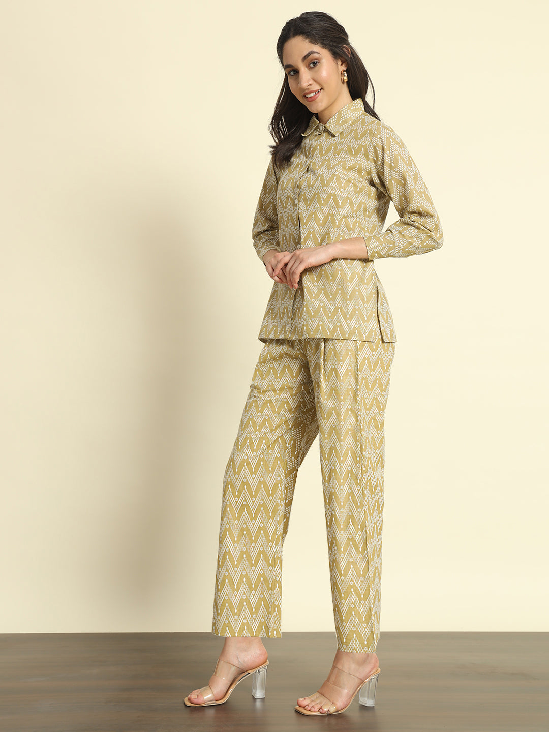 Khaki Zigzag Print Linen Co-ords