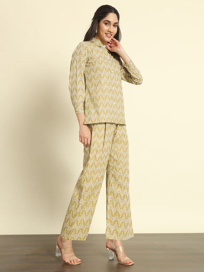 Khaki Zigzag Print Linen Co-ords