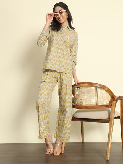 Khaki Zigzag Print Linen Co-ords