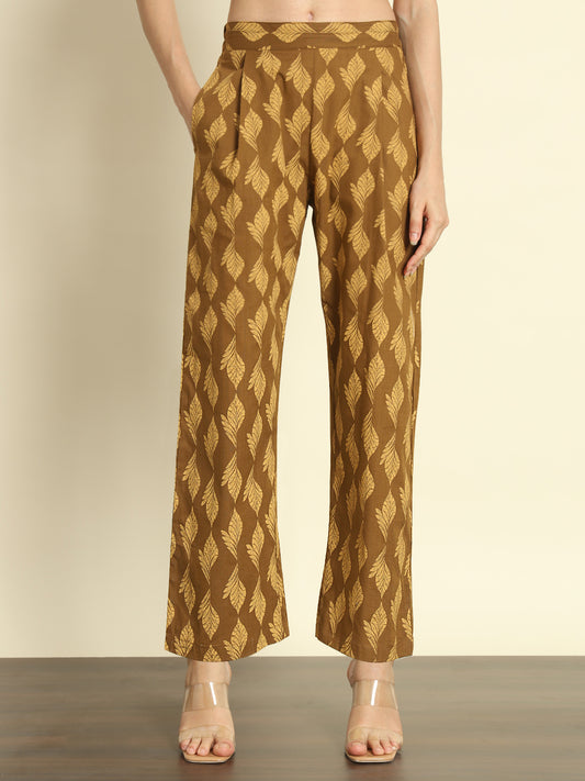 Brown Printed Linen Pants