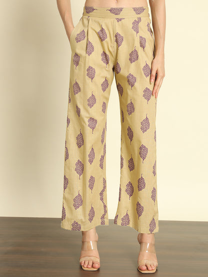 Khaki Printed Linen Pants