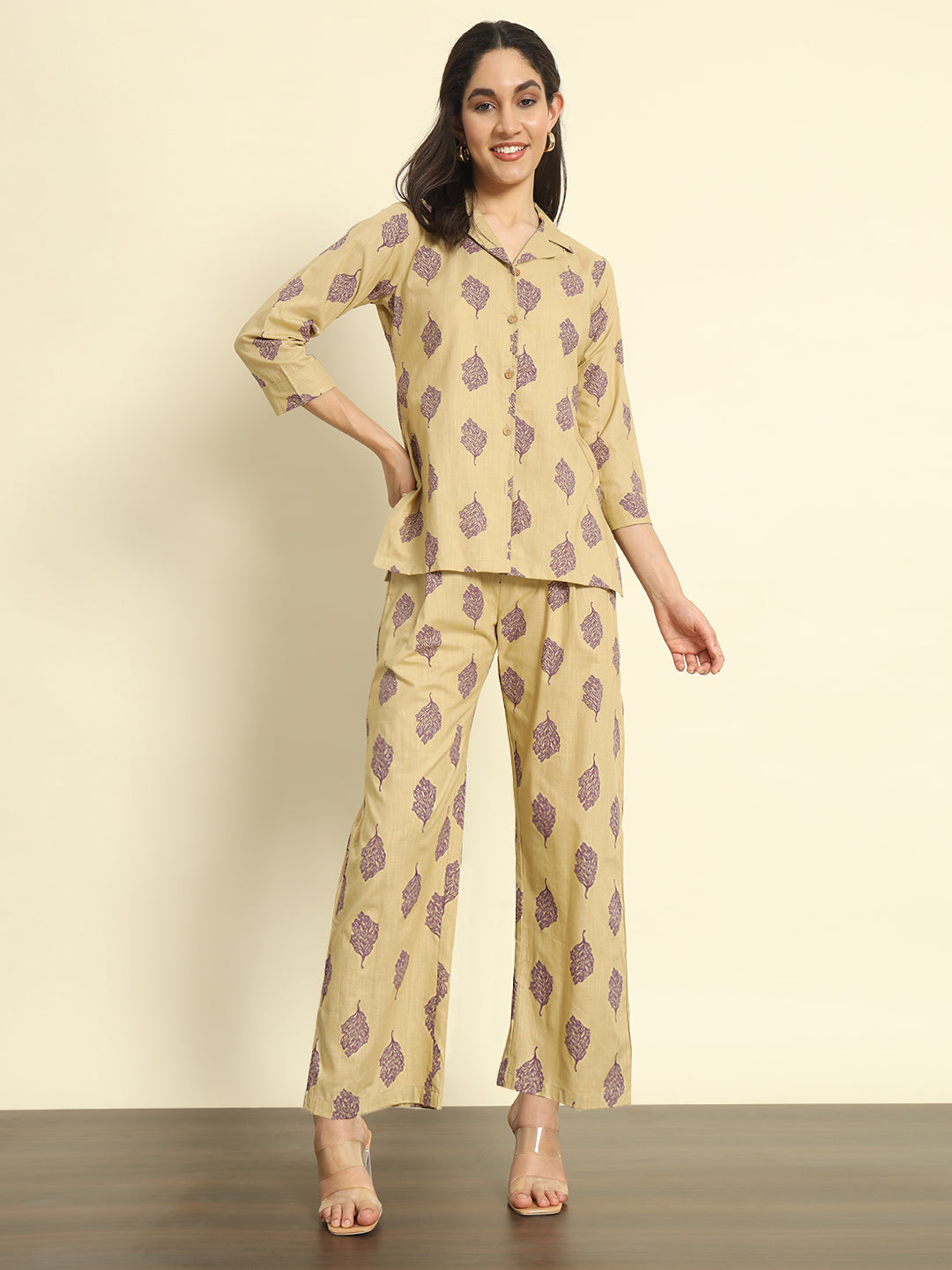 Khaki Printed Linen Pants