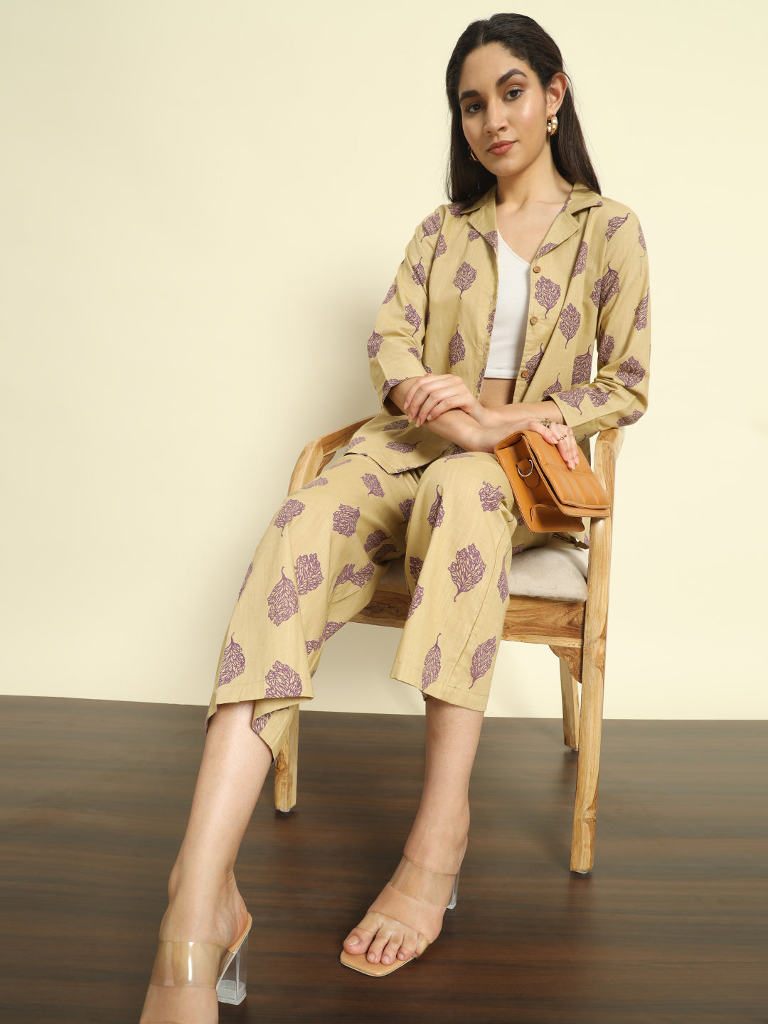 Khaki Printed Linen Pants