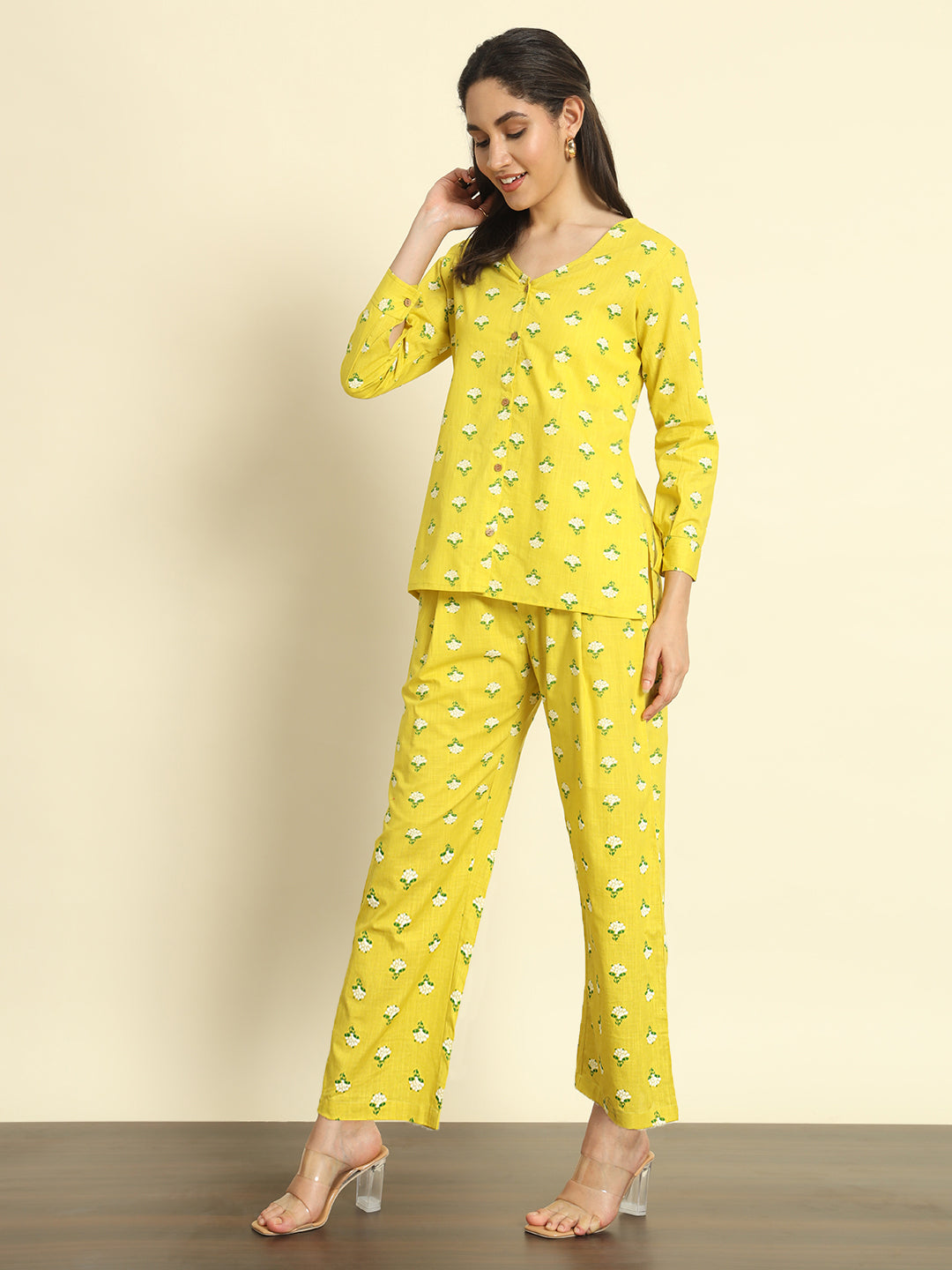 Yellow Floral Print Linen Pants