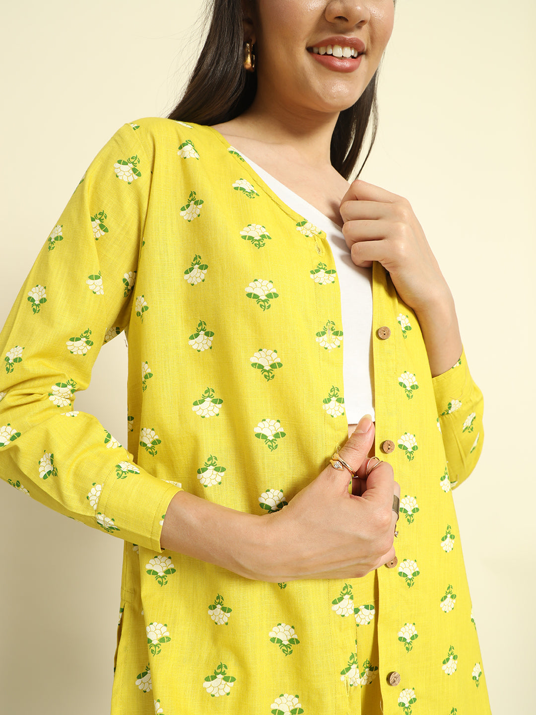 Yellow Floral Print V Neck Shirt