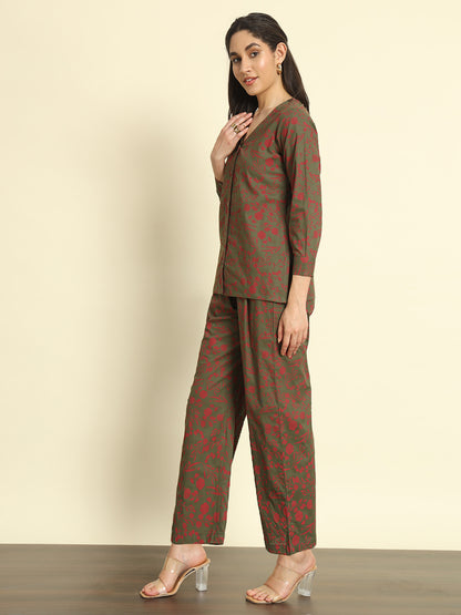 Olive Floral Printed Linen Pants