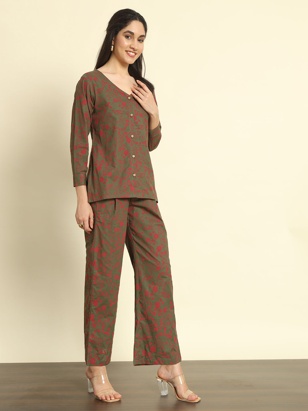 Olive Floral Printed Linen Pants