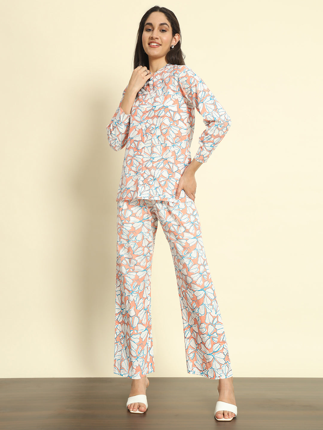 Floral Mandarin Collar Linen Co-ords